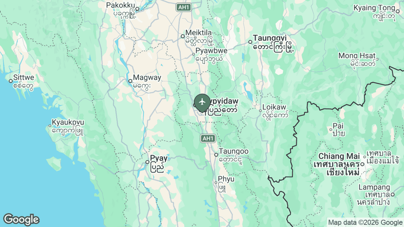 Map showing the location of Nay Pyi Taw International Airport (NYT) in central Myanmar