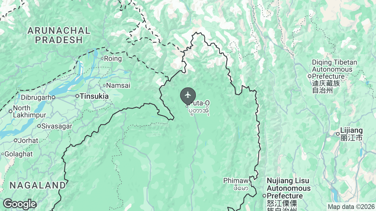 Map showing the location of Putao Airport (PBU) in far northern Kachin State, Myanmar