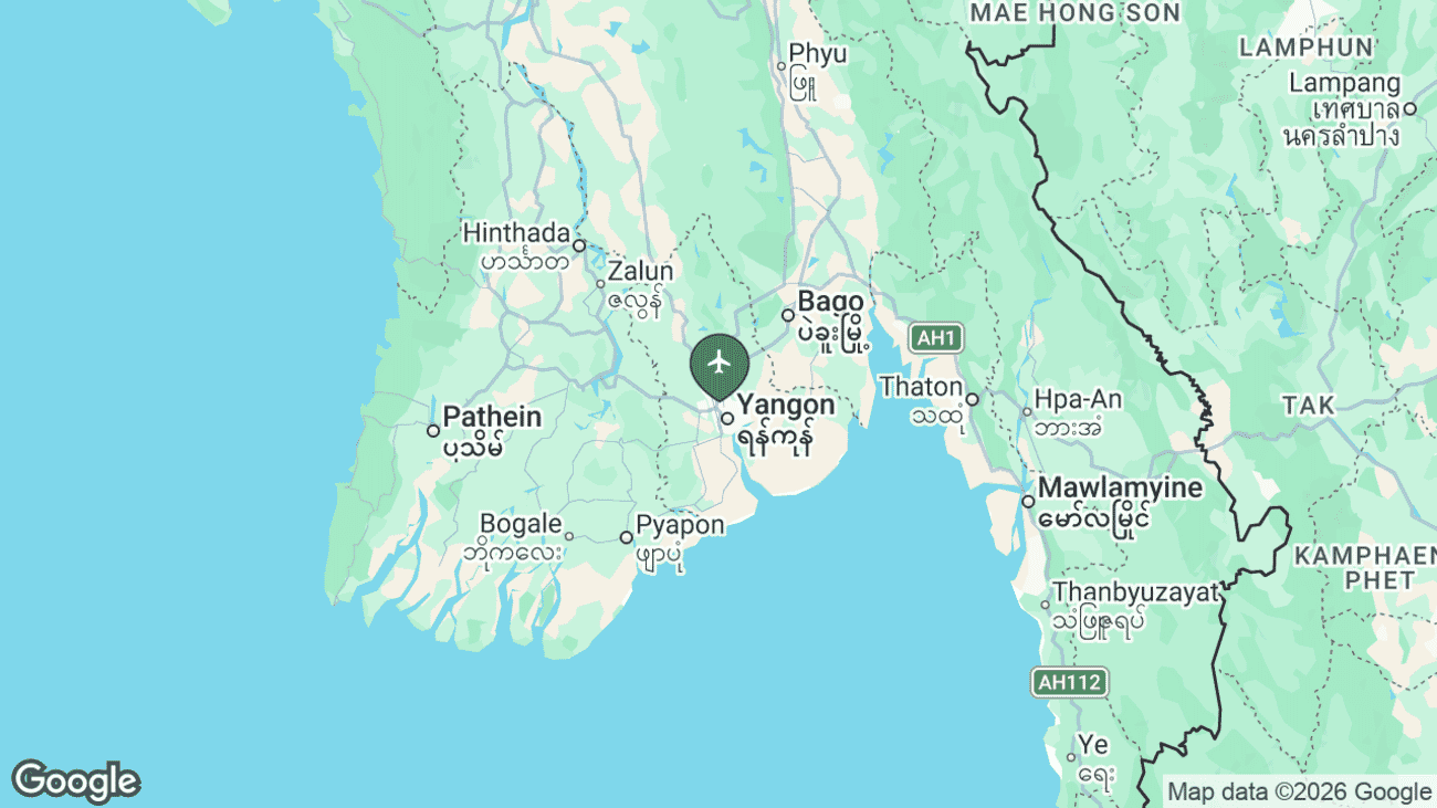 Map showing the location of Yangon International Airport (RGN) in southern Myanmar