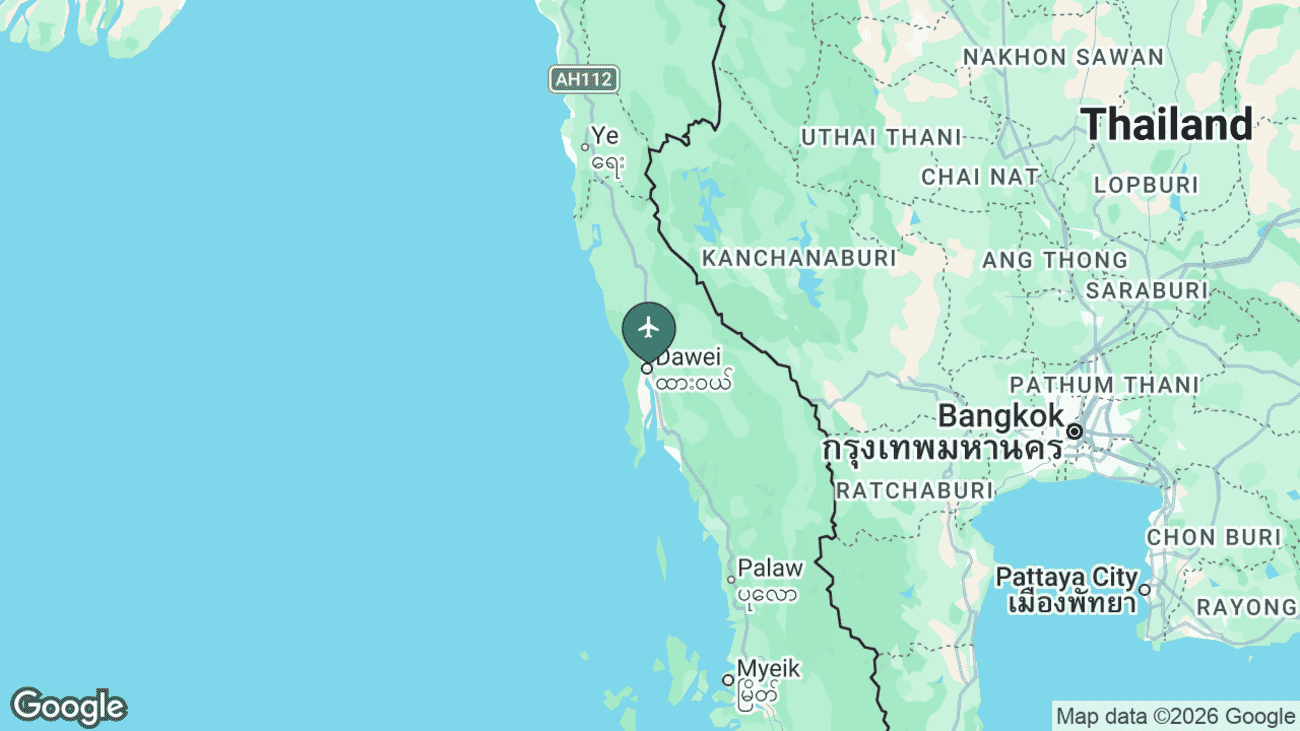 Map showing the location of Dawei Airport (TVY) in Tanintharyi Region, southern Myanmar