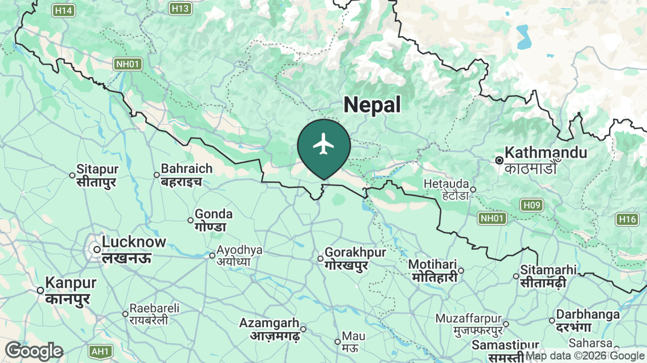 Map showing the location of Bhairahawa (BWA) in Nepal