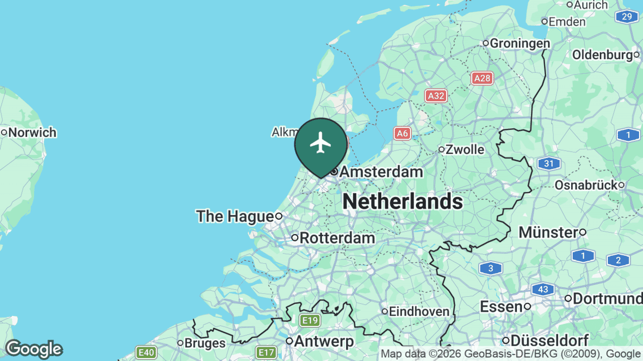 Map showing the location of Amsterdam Airport Schiphol (AMS) near Amsterdam, Netherlands