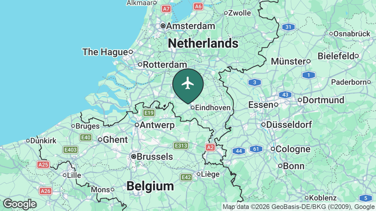 Map showing the location of Eindhoven Airport (EIN) near Eindhoven, Netherlands