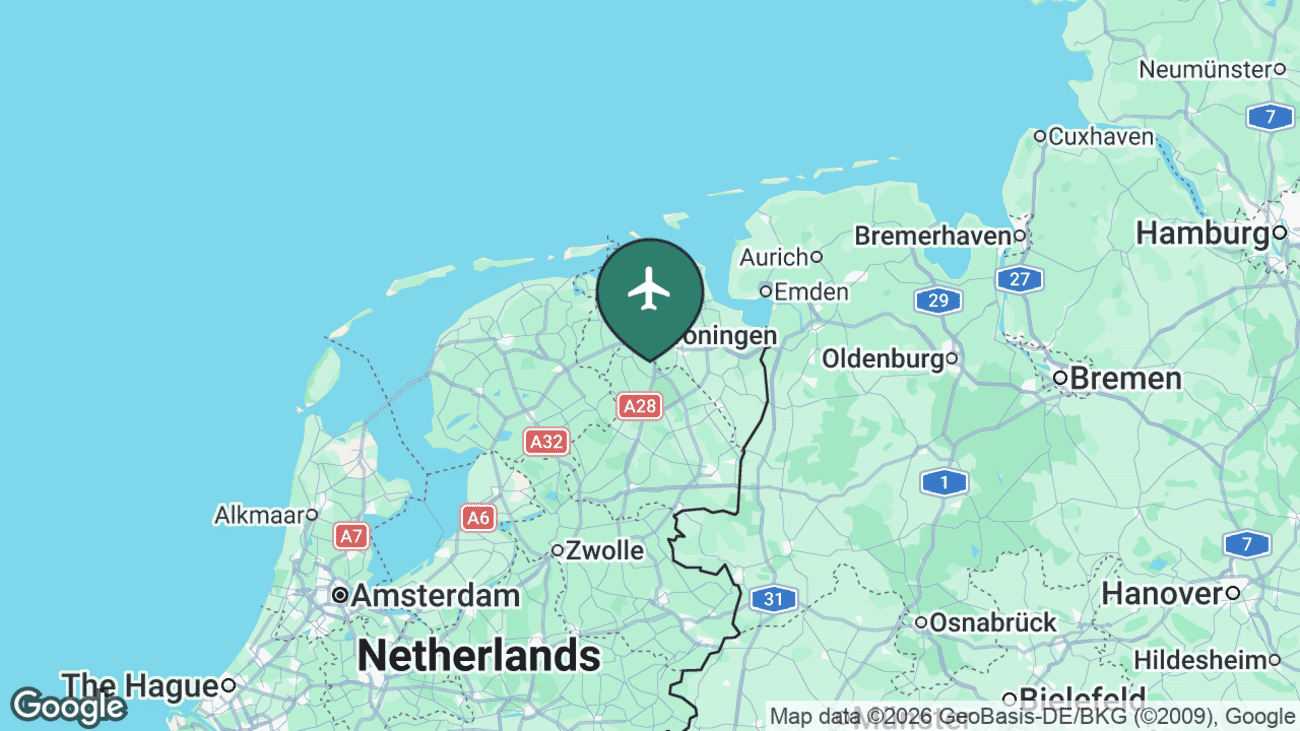 Map showing the location of Groningen Airport Eelde (GRQ) in the north of the Netherlands