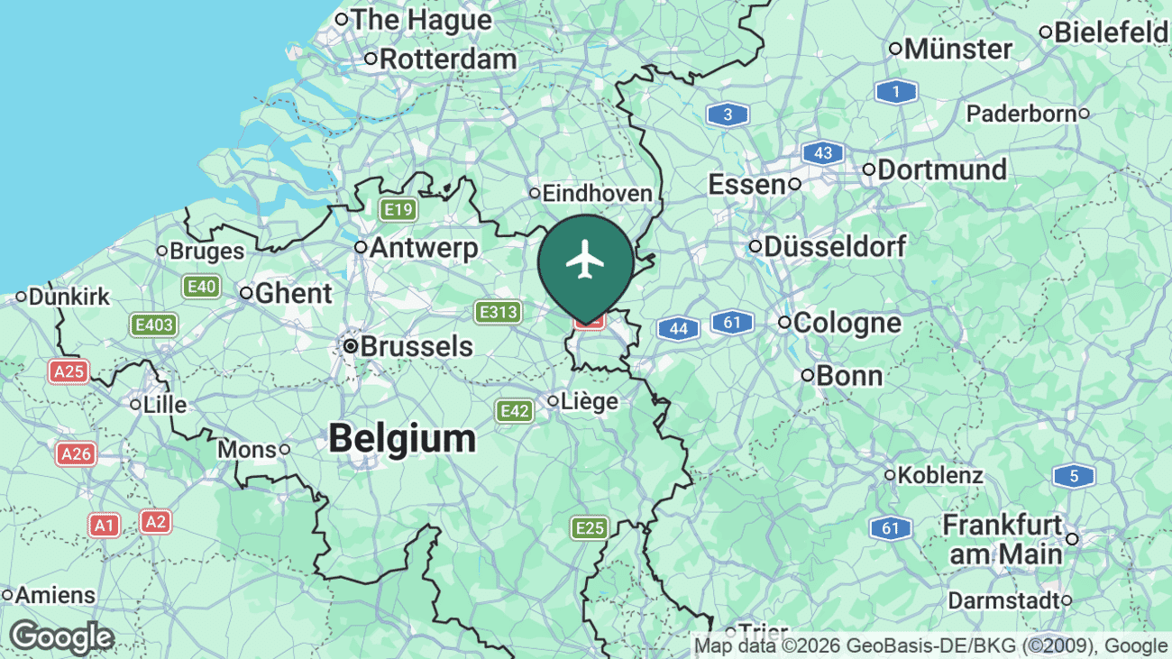 Map showing the location of Maastricht Aachen Airport (MST) in the south of the Netherlands