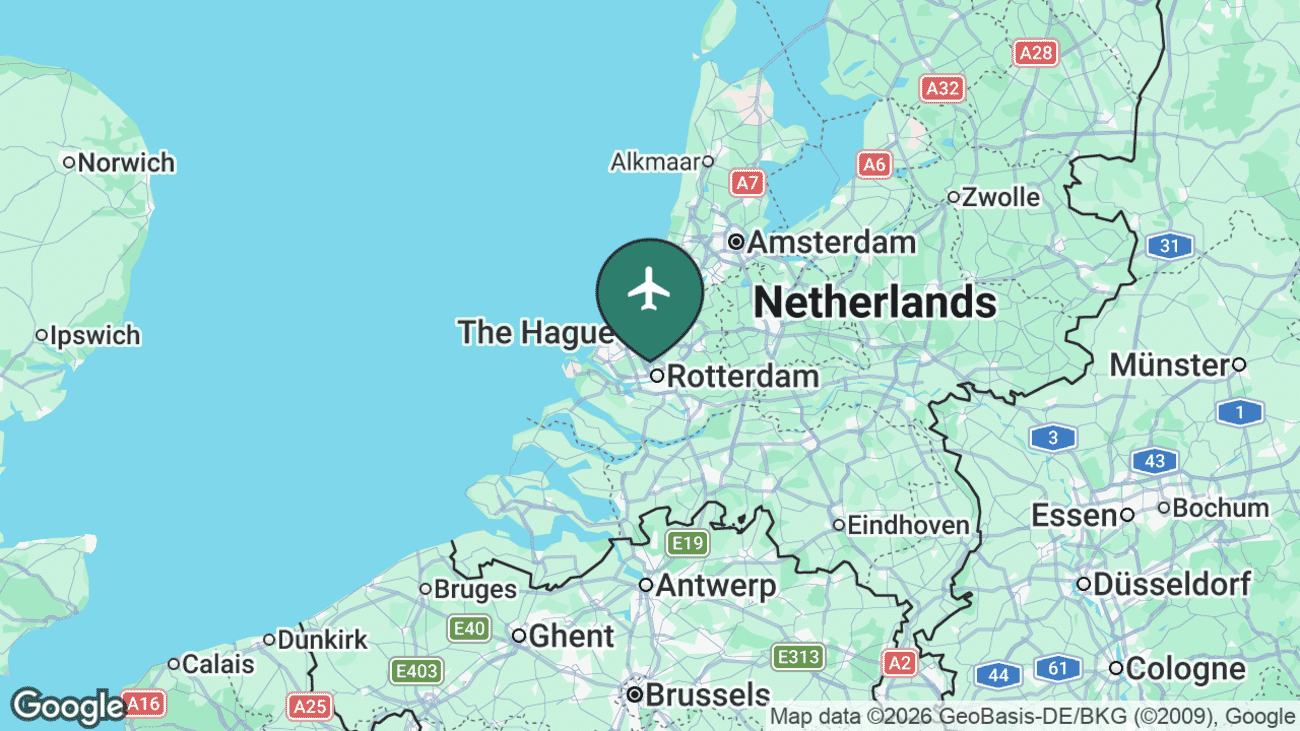 Map showing the location of Rotterdam The Hague Airport (RTM) near Rotterdam, Netherlands