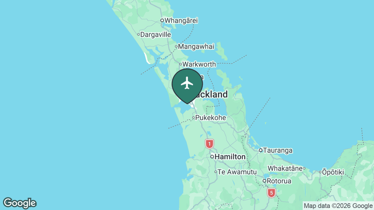 Map showing the location of Auckland Airport (AKL) in New Zealand
