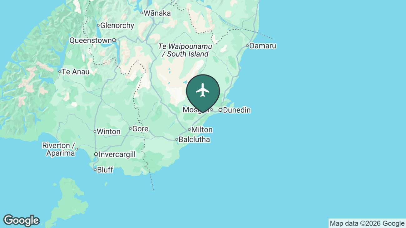 Map showing the location of Dunedin Airport (DUD) in New Zealand
