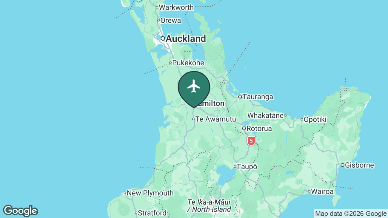 Map showing the location of Hamilton Airport (HLZ) in New Zealand