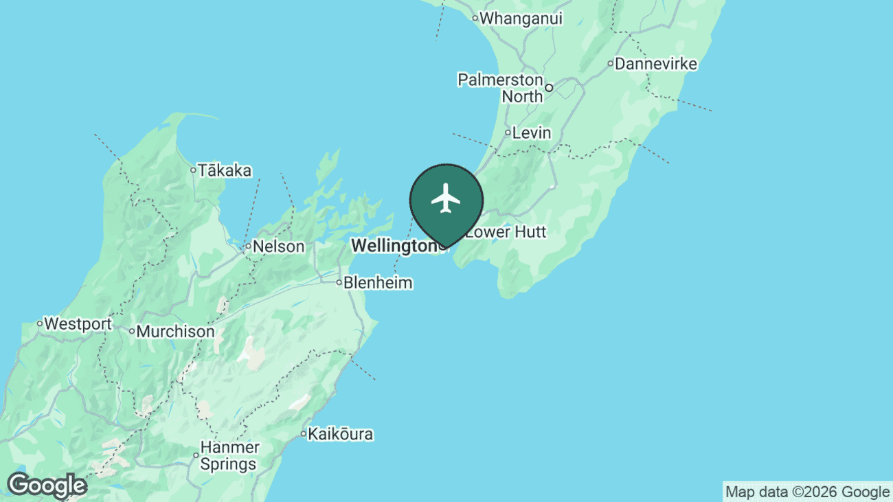 Map showing the location of Wellington Airport (WLG) in New Zealand