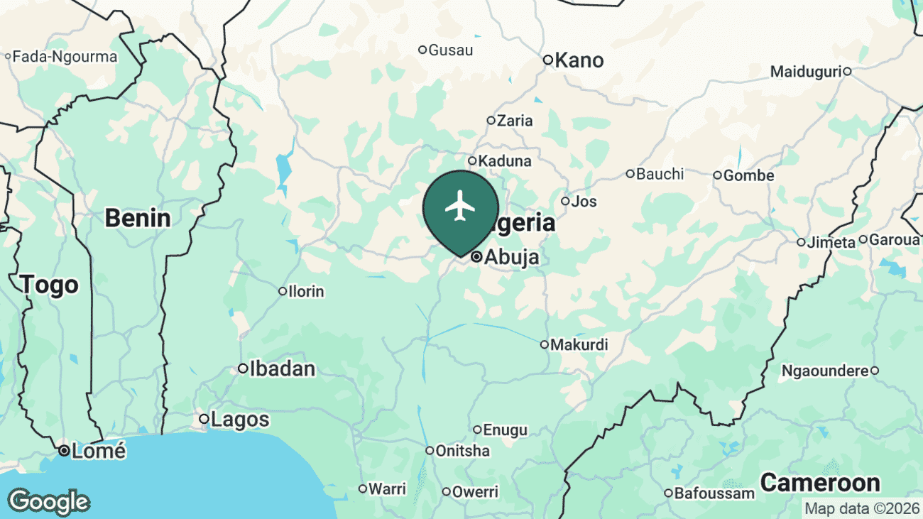 Map showing the location of Nnamdi Azikiwe International Airport (ABV) near Abuja, Nigeria