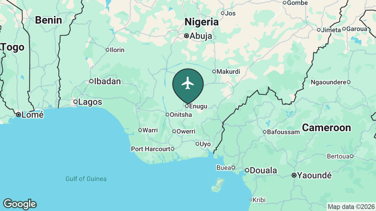 Map showing the location of Akanu Ibiam International Airport (ENU) near Enugu, Nigeria