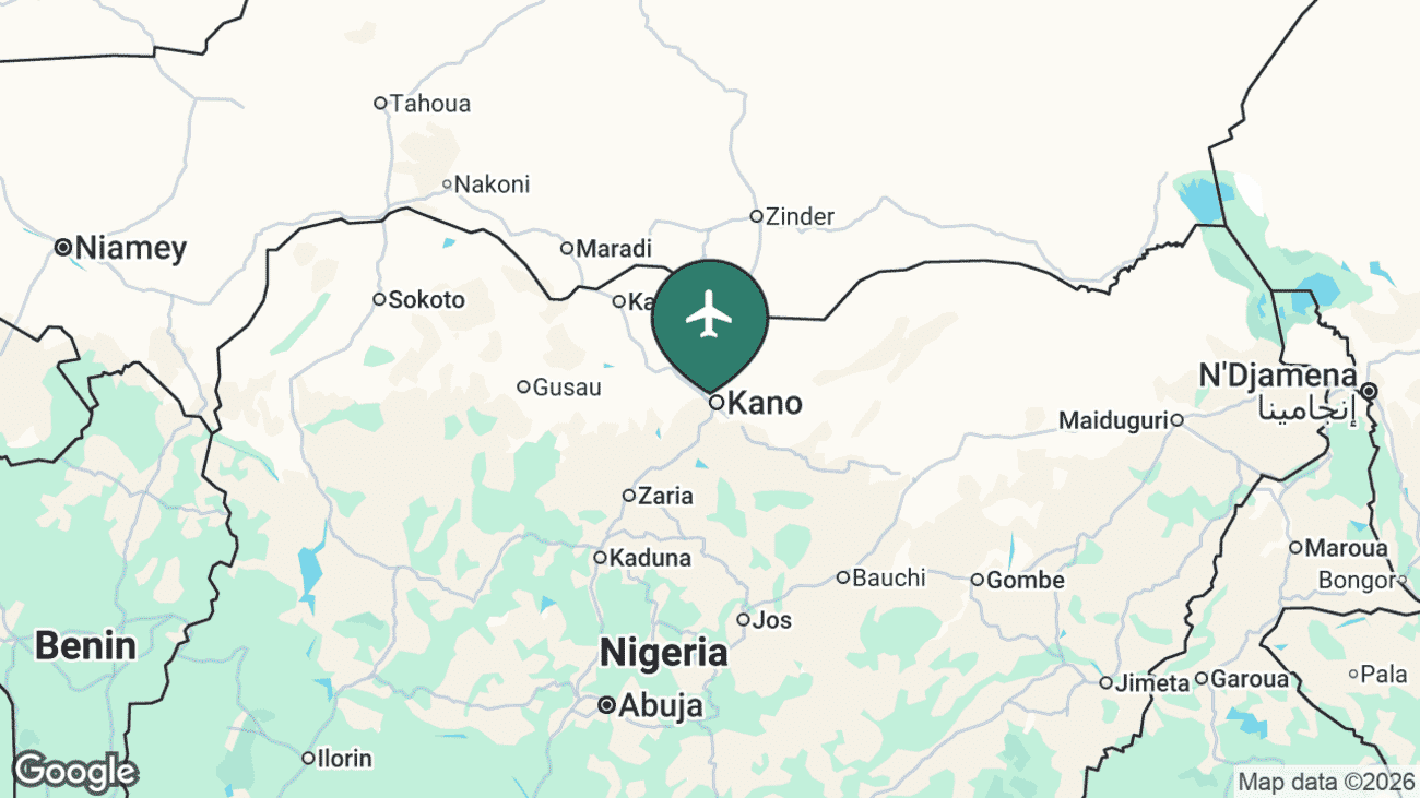 Map showing the location of Mallam Aminu Kano International Airport (KAN) near Kano, Nigeria
