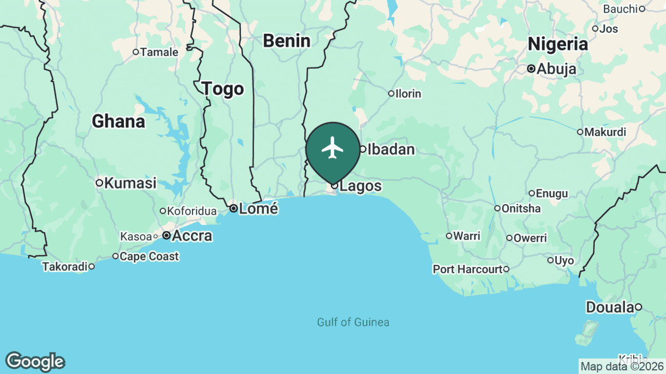 Map showing the location of Murtala Muhammed International Airport (LOS) near Lagos, Nigeria