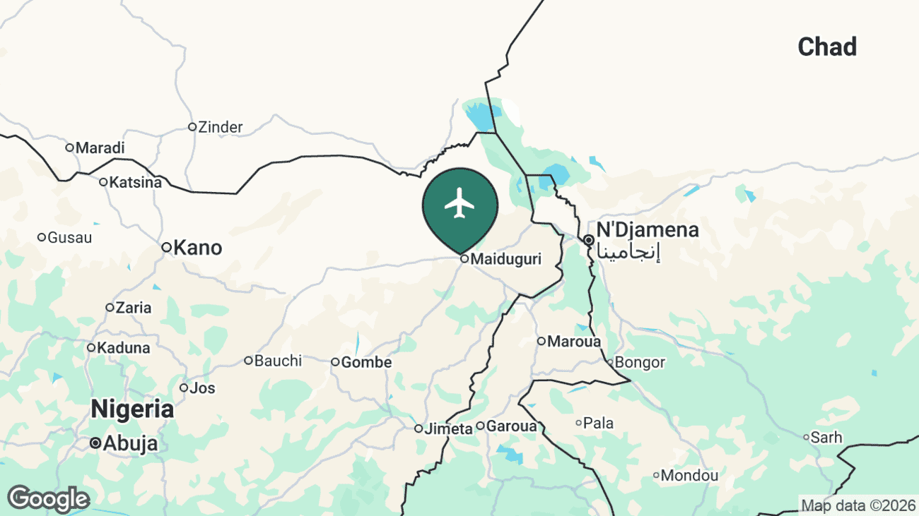 Map showing the location of Maiduguri International Airport (MIU) near Maiduguri, Nigeria