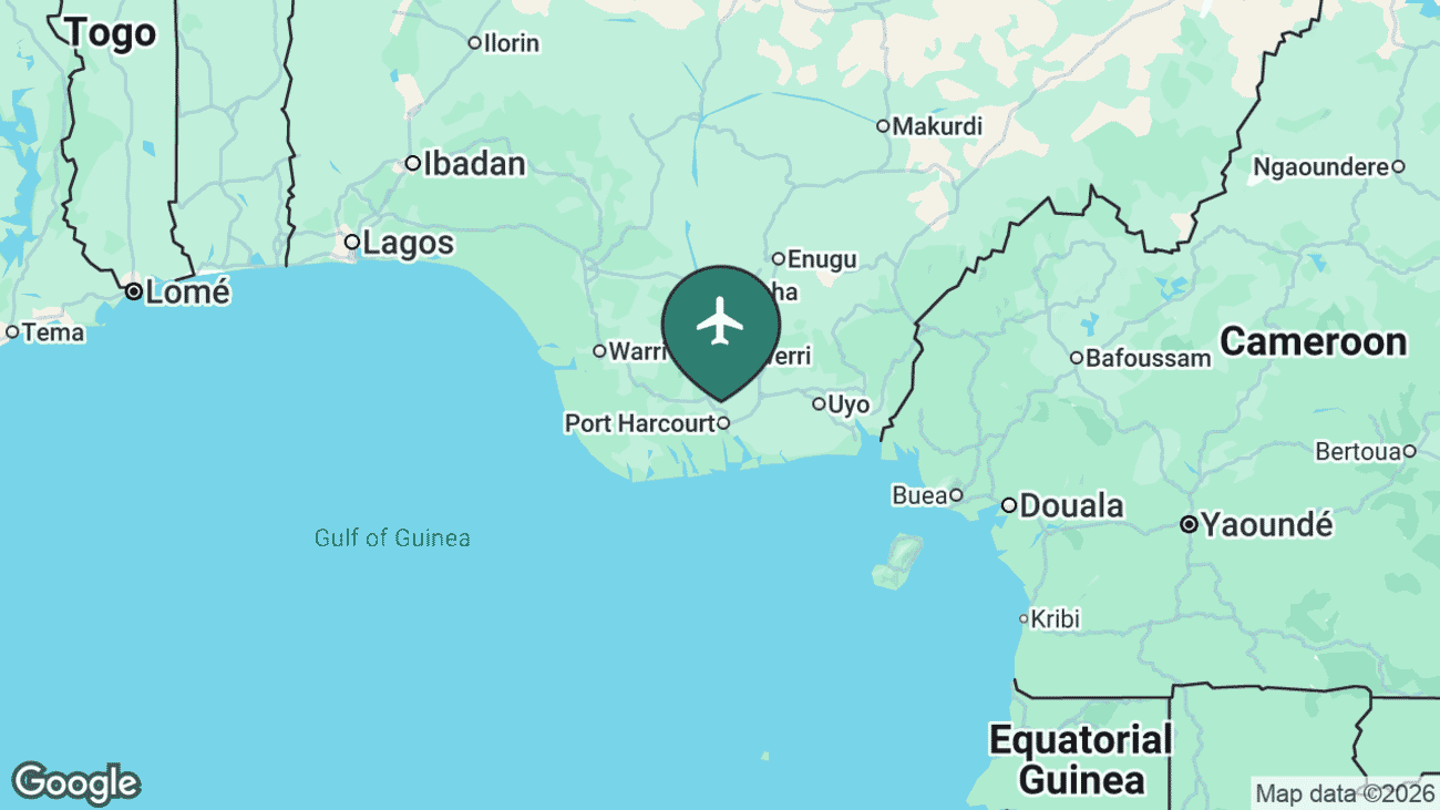 Map showing the location of Port Harcourt International Airport (PHC) near Port Harcourt, Nigeria