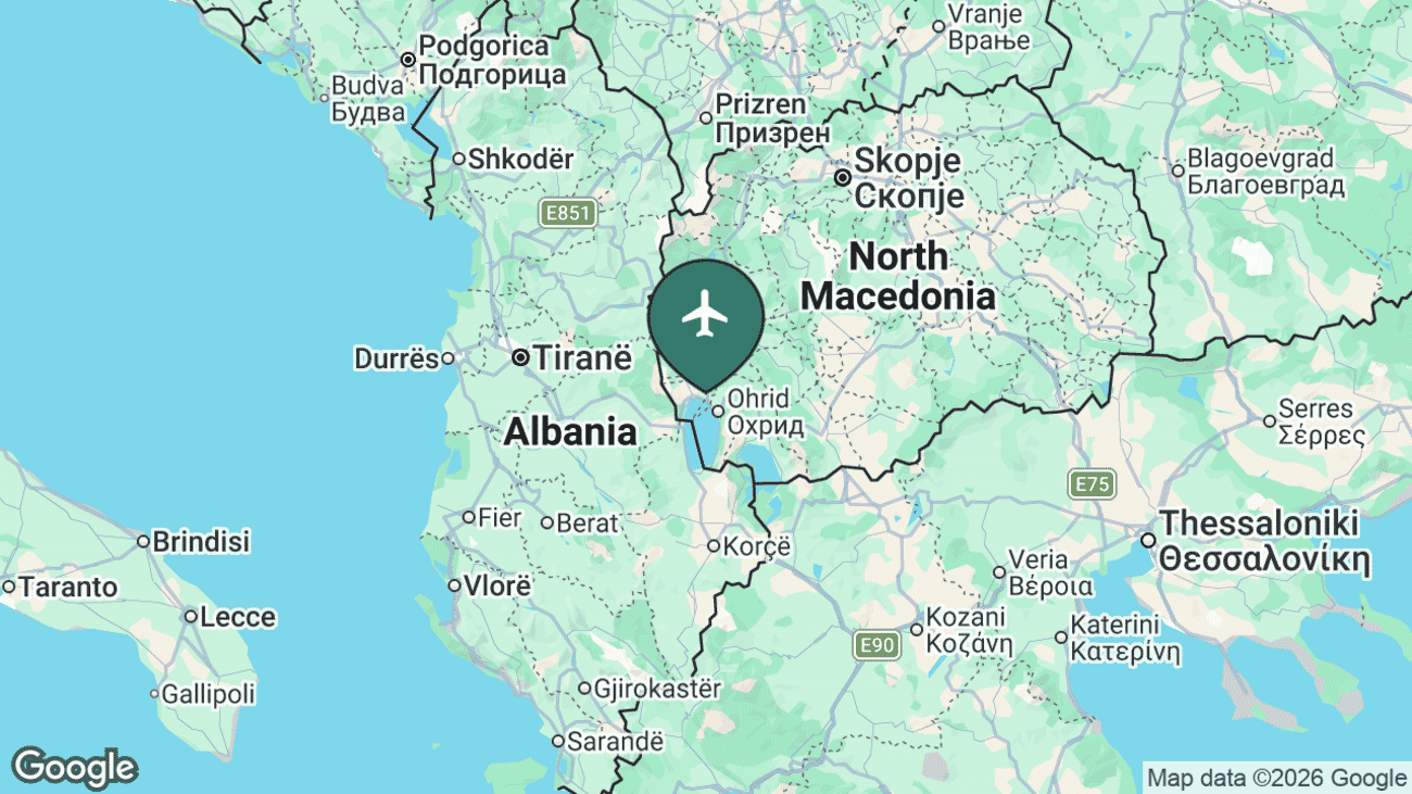 Map showing the location of Ohrid St. Paul the Apostle Airport (OHD) beside Lake Ohrid in southwestern North Macedonia