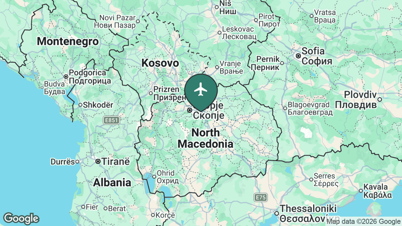 Map showing the location of Skopje International Airport (SKP) near the capital in northern North Macedonia