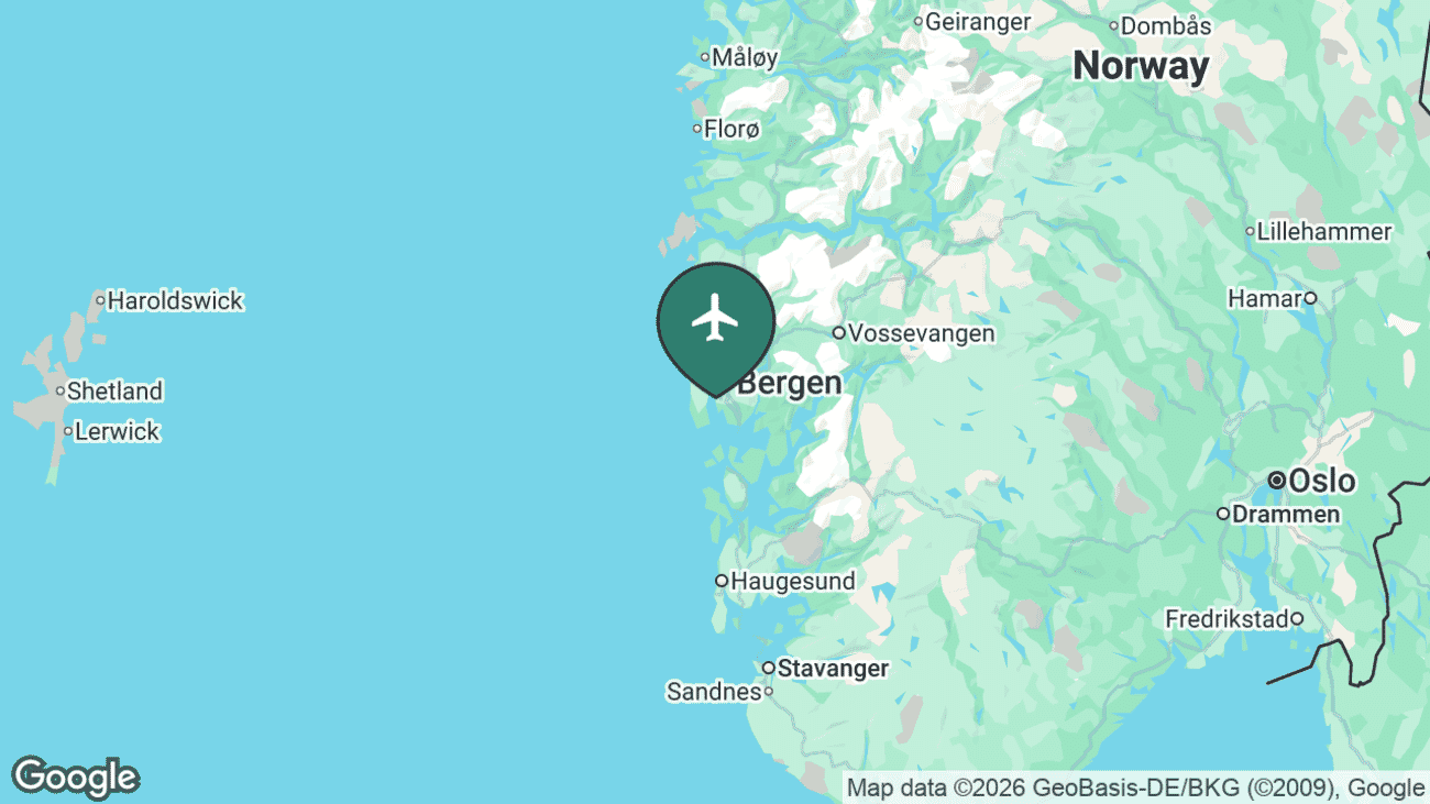 Map showing the location of Bergen Airport, Flesland (BGO) in Norway