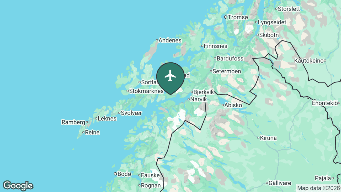 Map showing the location of Harstad/Narvik Airport, Evenes (EVE) in Norway