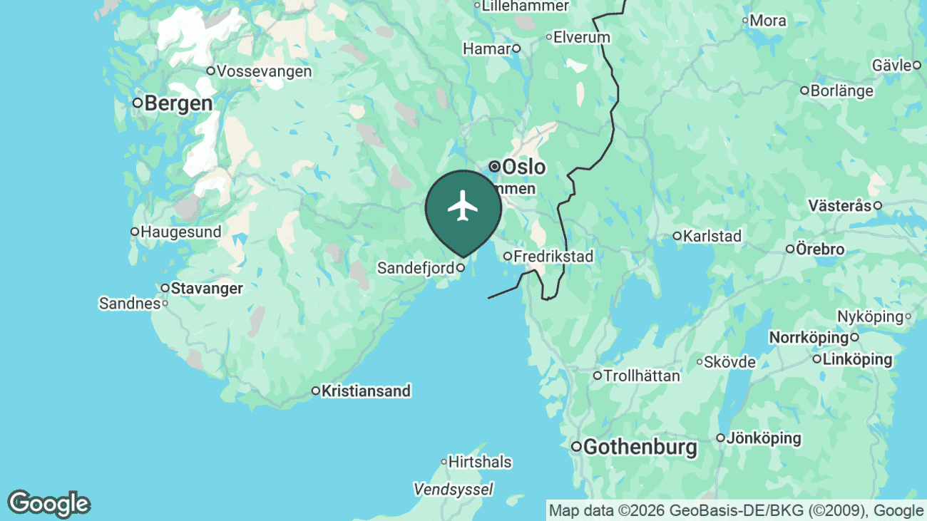 Map showing the location of Sandefjord Airport, Torp (TRF) in Norway