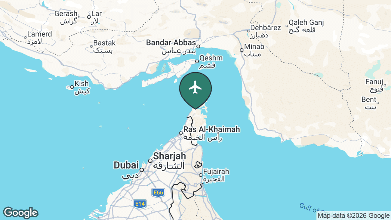 Map showing the location of Khasab Airport (KHS) on the Musandam Peninsula, an Omani exclave by the Strait of Hormuz