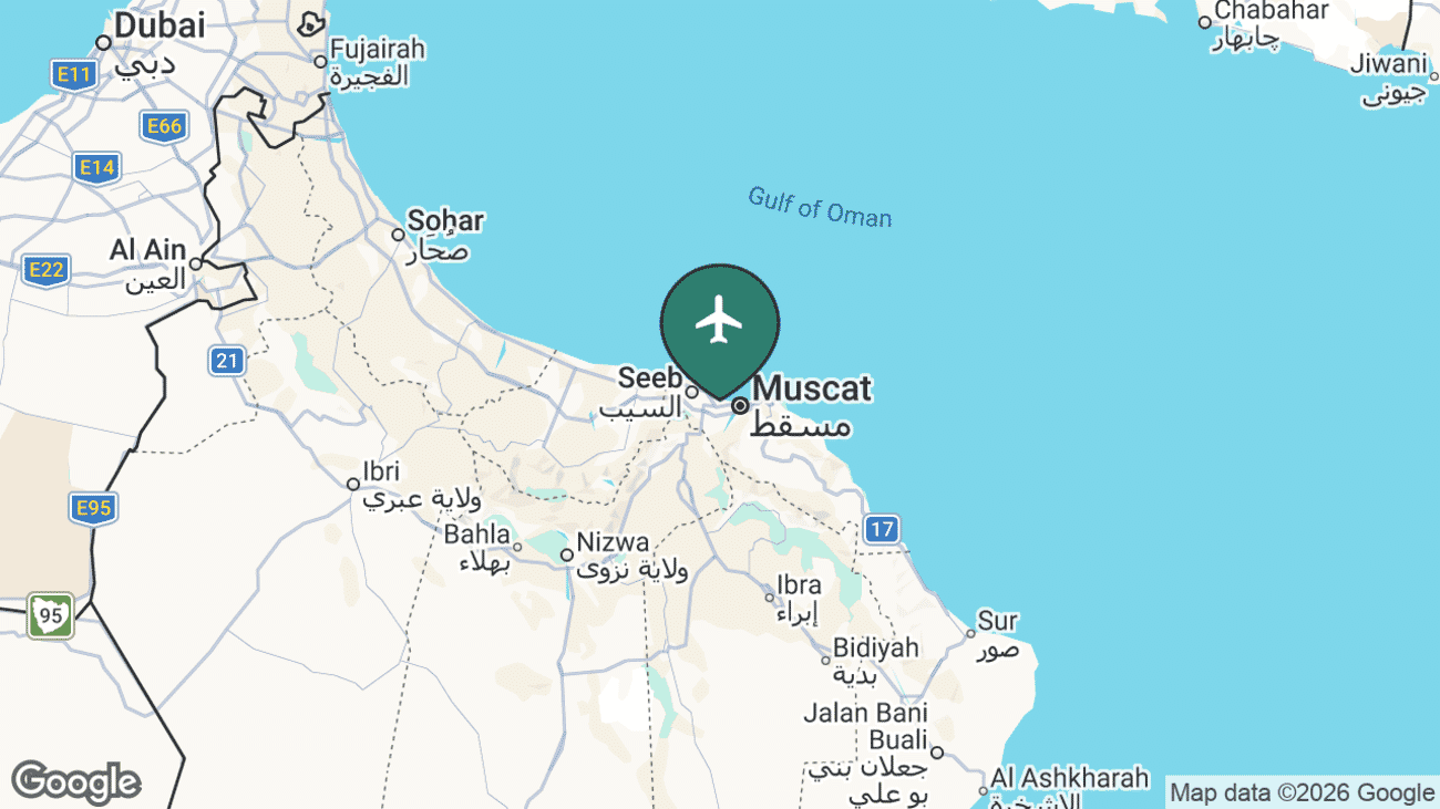 Map showing the location of Muscat International Airport (MCT) on the northern coast of Oman