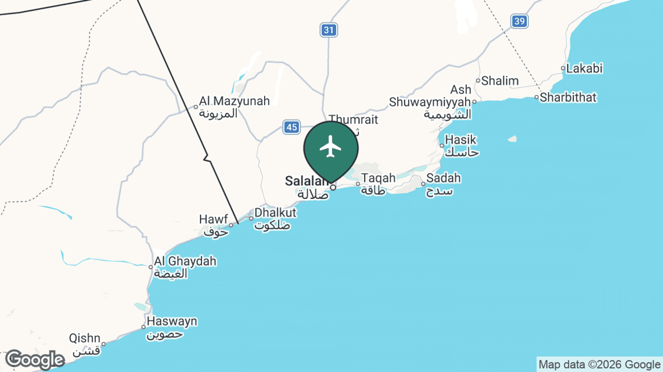 Map showing the location of Salalah Airport (SLL) on the southern Dhofar coast of Oman
