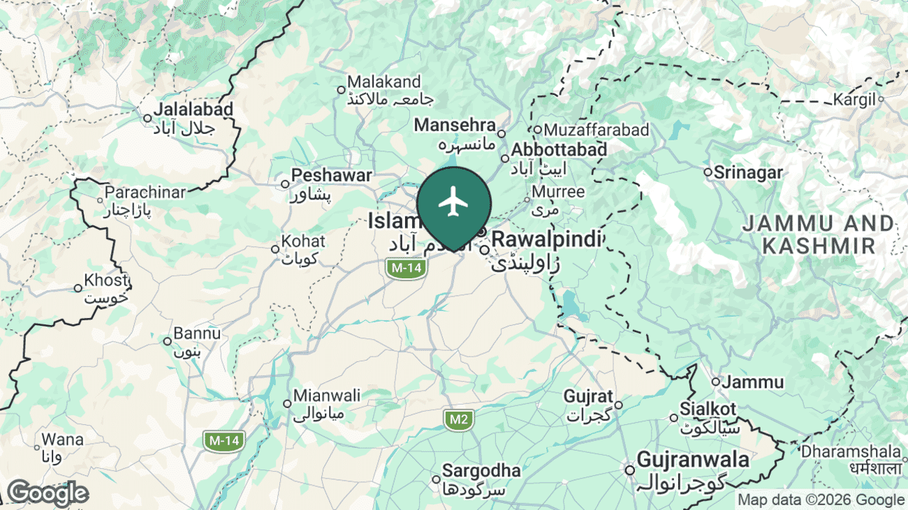 Map showing the location of Islamabad International Airport (ISB) in Pakistan