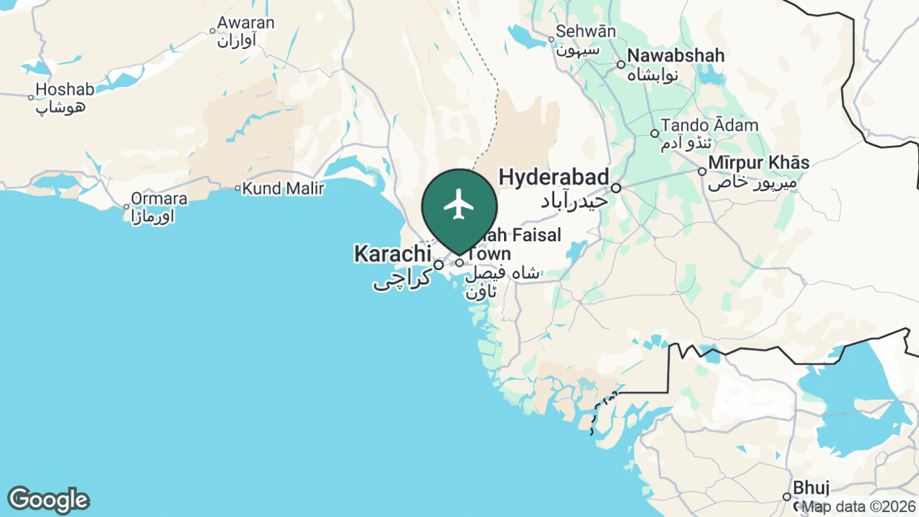 Map showing the location of Jinnah International Airport (KHI) in Pakistan