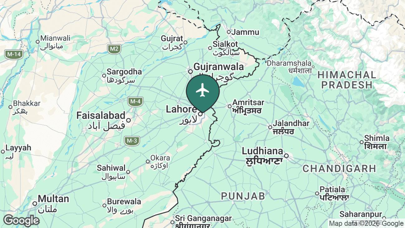 Map showing the location of Allama Iqbal International Airport (LHE) in Pakistan