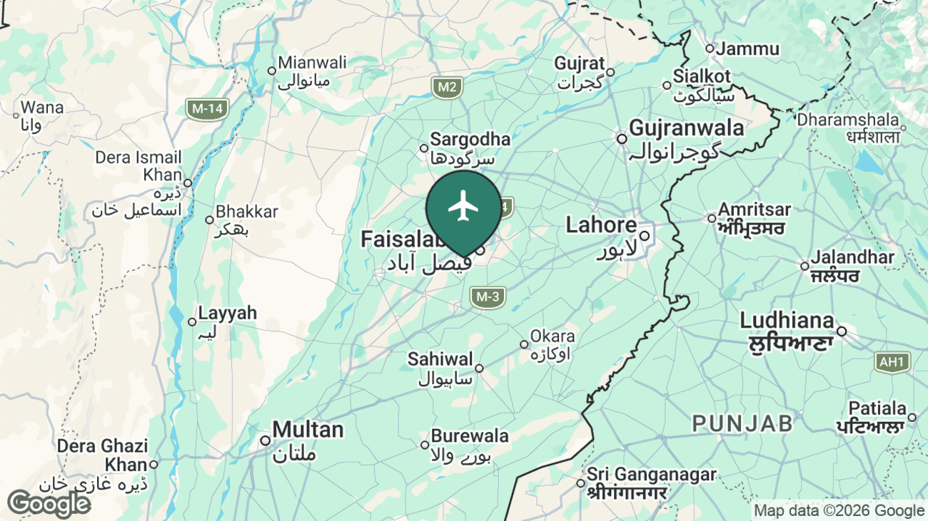 Map showing the location of Faisalabad International Airport (LYP) in Pakistan