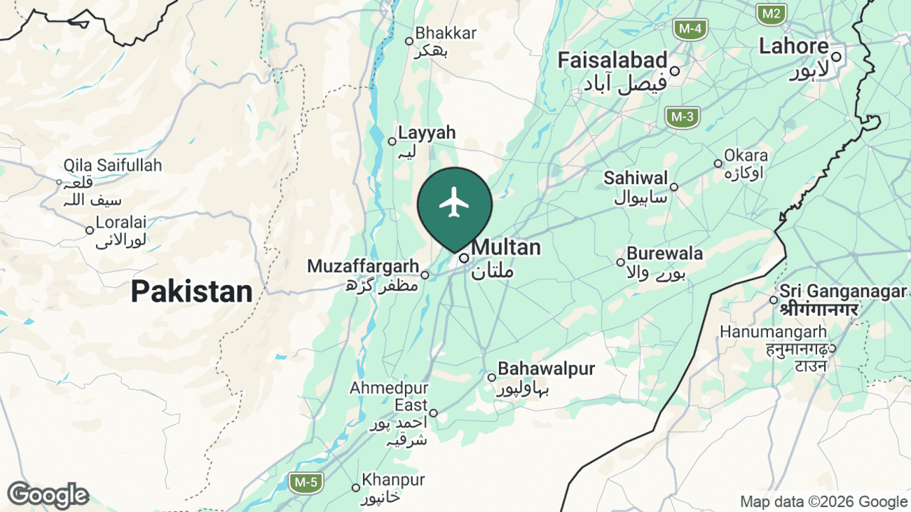 Map showing the location of Multan International Airport (MUX) in Pakistan