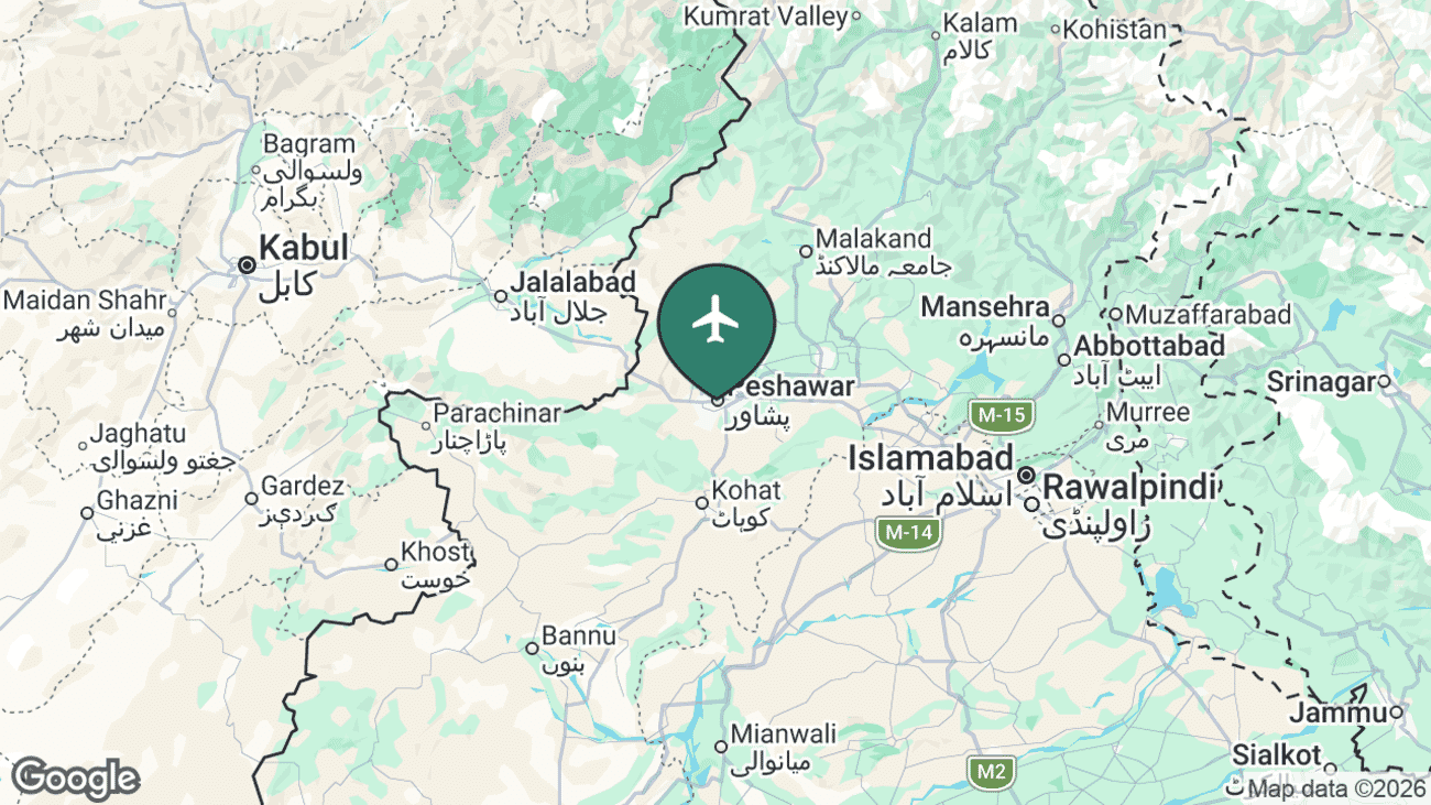 Map showing the location of Bacha Khan International Airport (PEW) in Pakistan