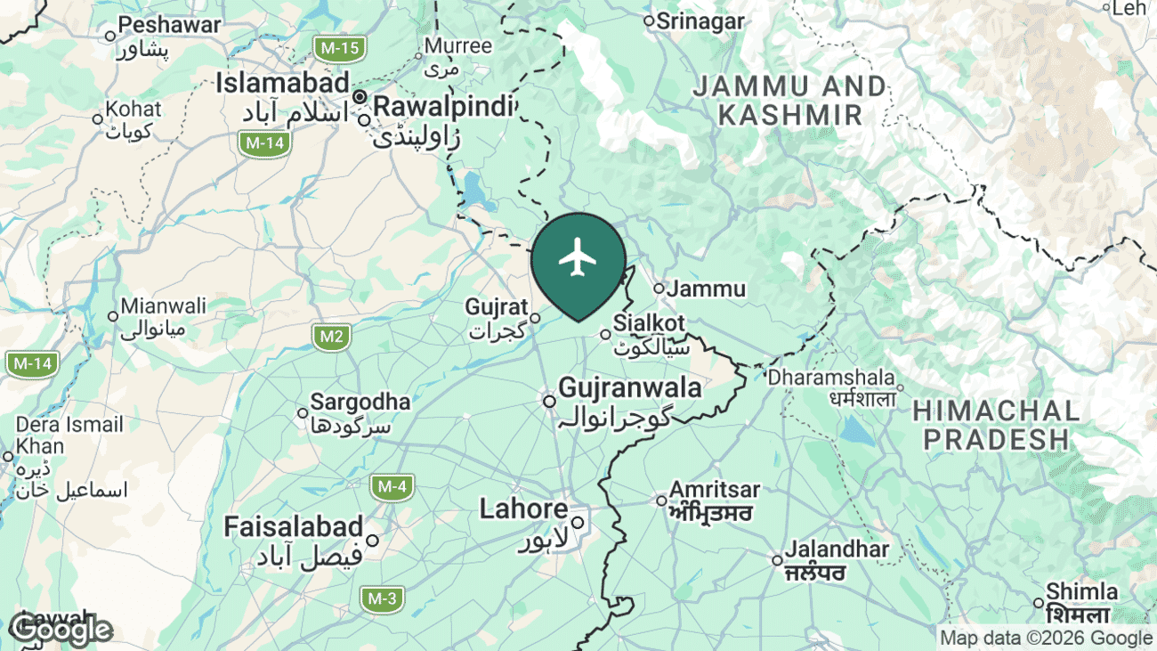 Map showing the location of Sialkot International Airport (SKT) in Pakistan