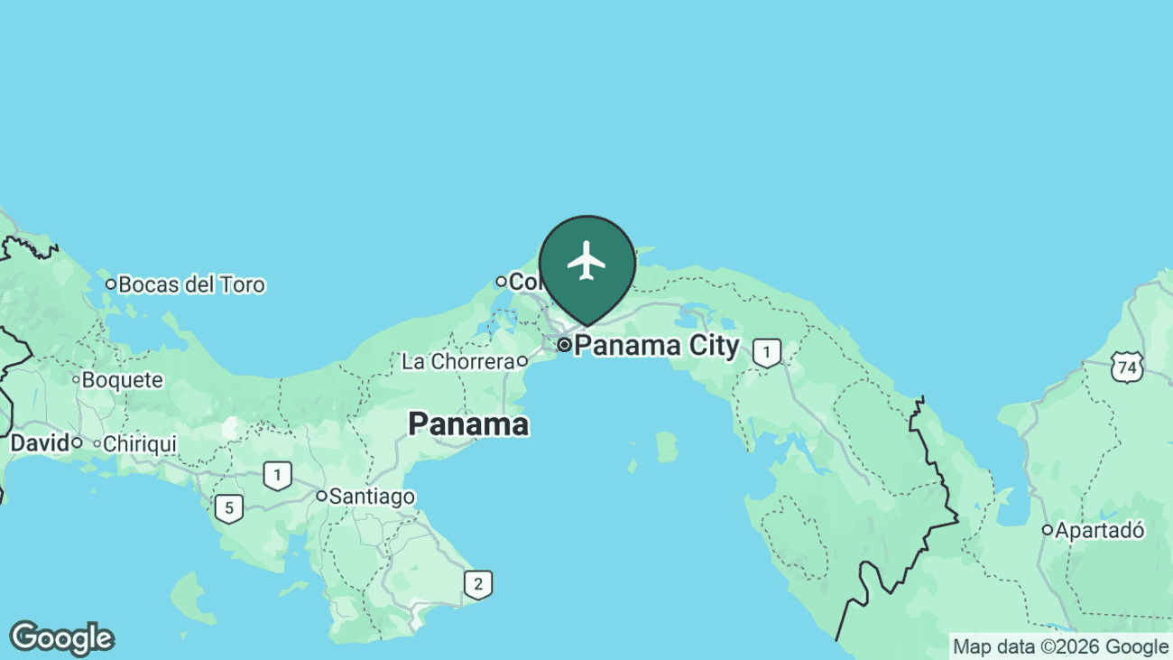 Map showing the location of Tocumen International Airport (PTY) near Panama City