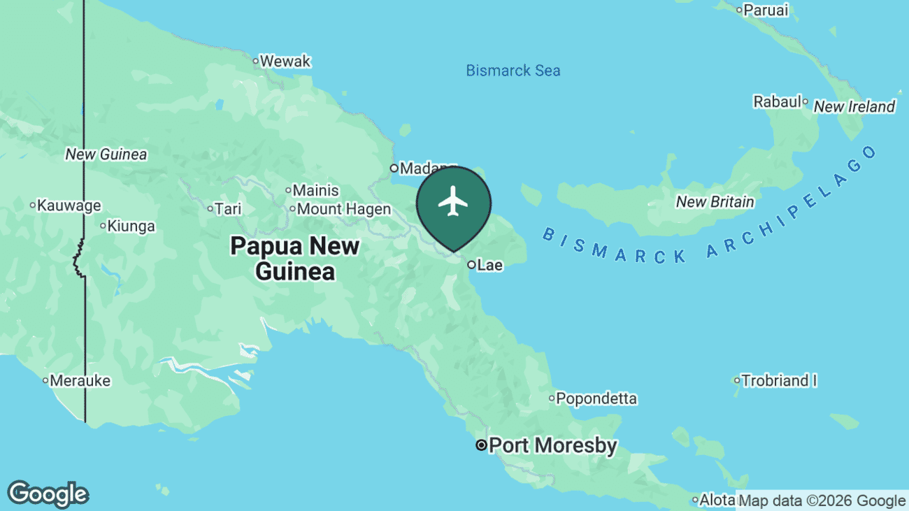 Map showing the location of Lae Airport (LAE) in Papua New Guinea