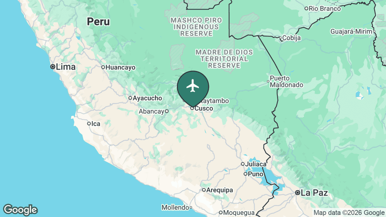 Map showing the location of Alejandro Velasco Astete International Airport (CUZ) in Peru