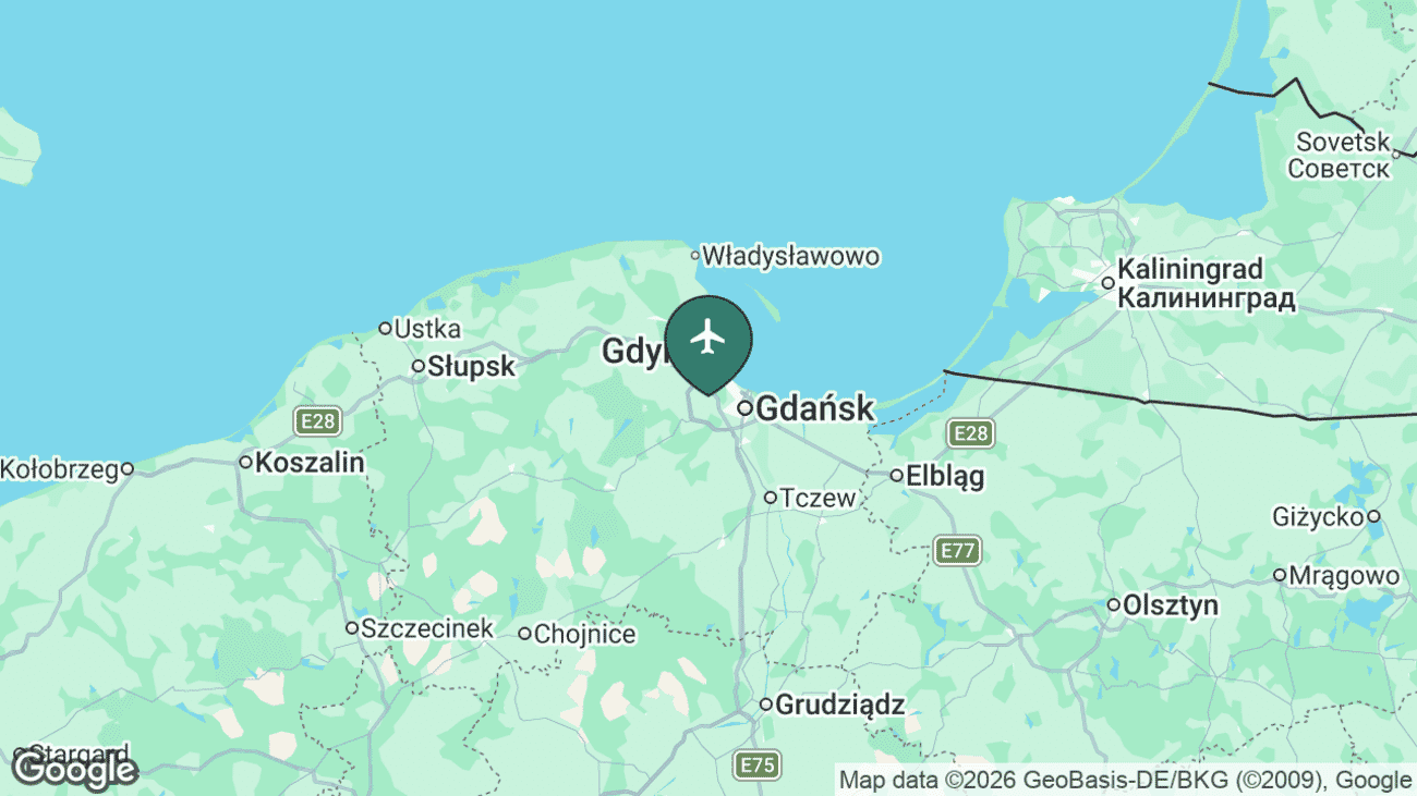Map showing the location of Gdańsk Lech Wałęsa Airport (GDN) near Gdańsk, Poland