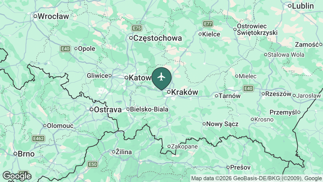 Map showing the location of Kraków John Paul II International Airport (KRK) near Kraków, Poland