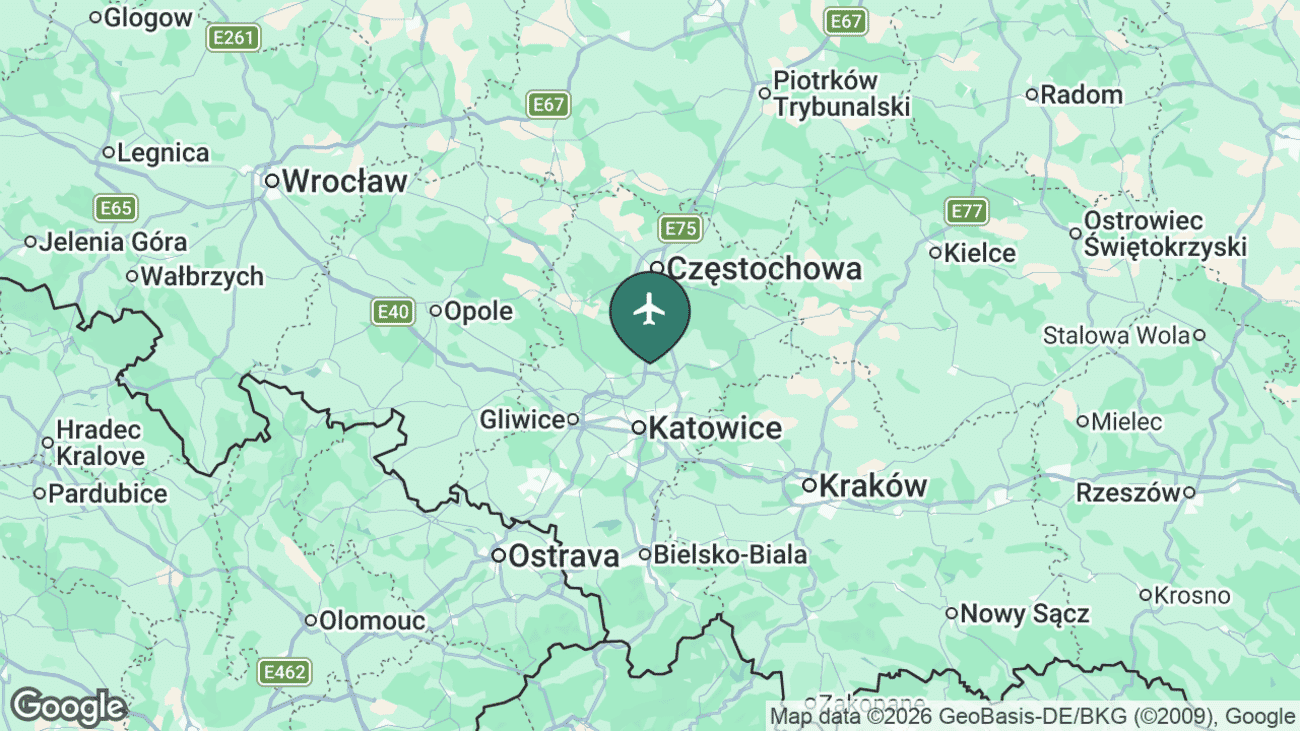 Map showing the location of Katowice Wojciech Korfanty International Airport (KTW) near Katowice, Poland