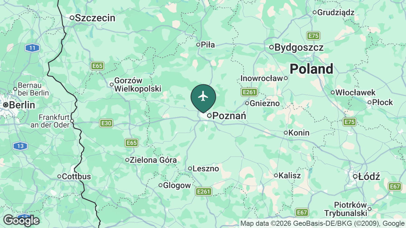 Map showing the location of Poznań-Ławica Airport (POZ) near Poznań, Poland