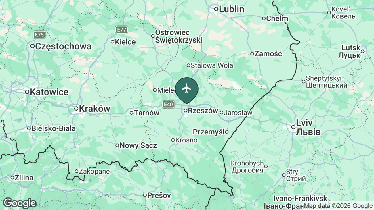Map showing the location of Rzeszów-Jasionka Airport (RZE) near Rzeszów, Poland