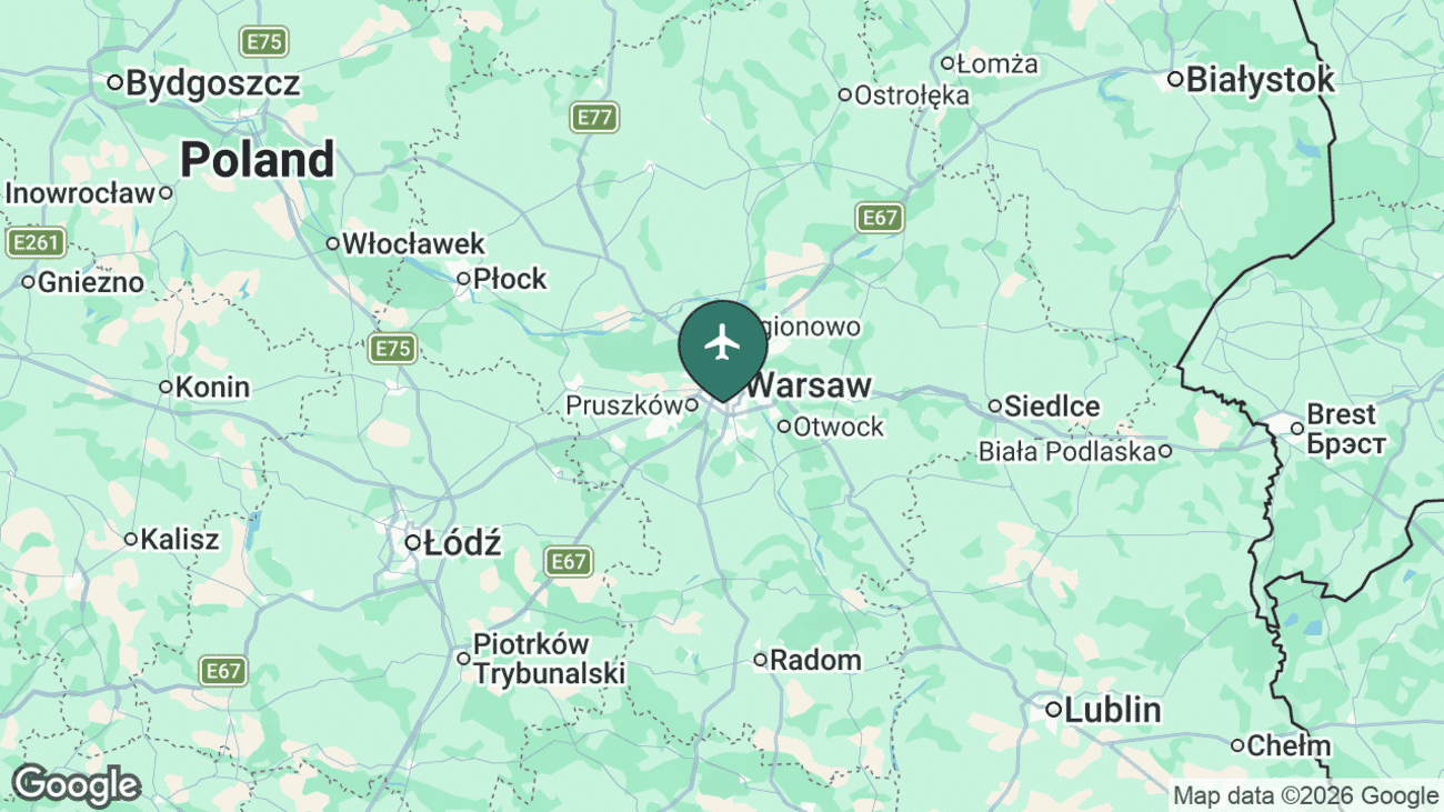 Map showing the location of Warsaw Chopin Airport (WAW) near Warsaw, Poland