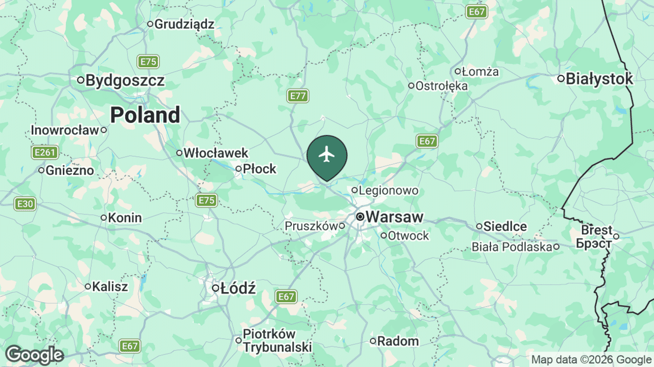 Map showing the location of Modlin Airport (WMI) near Warsaw, Poland