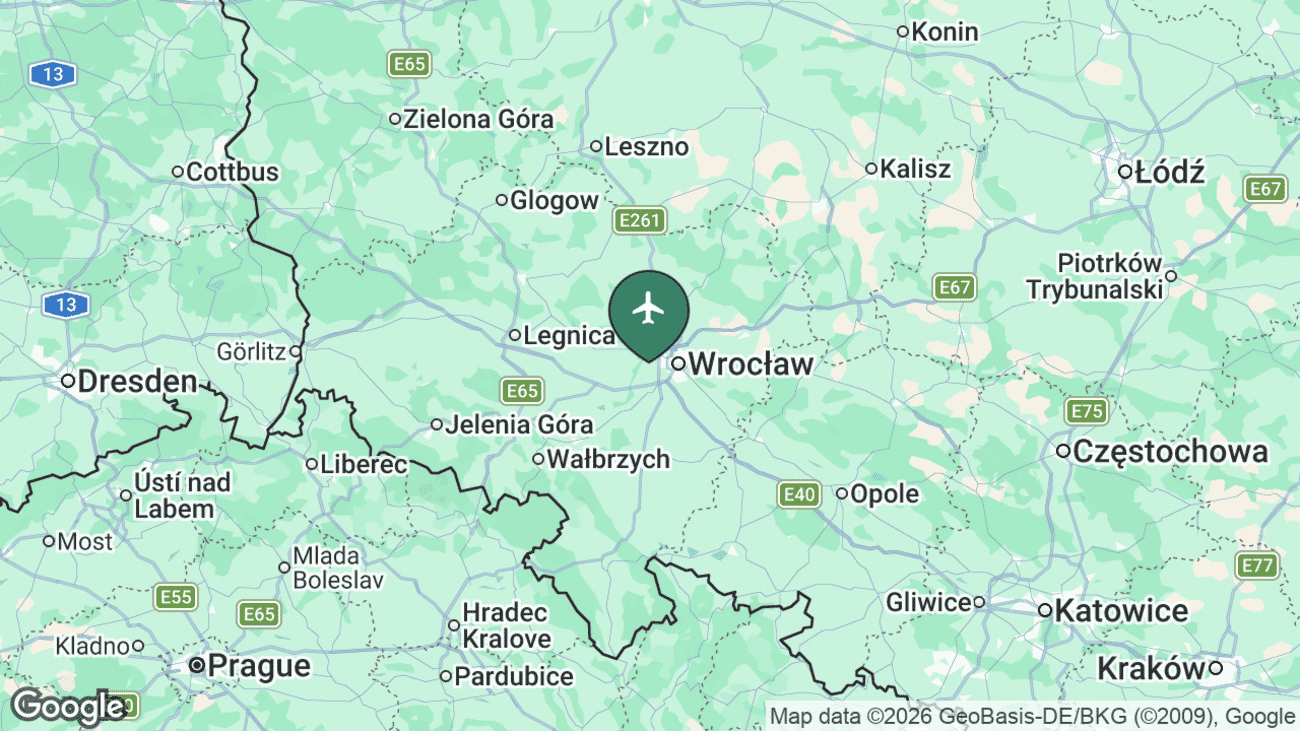 Map showing the location of Copernicus Wrocław Airport (WRO) near Wrocław, Poland