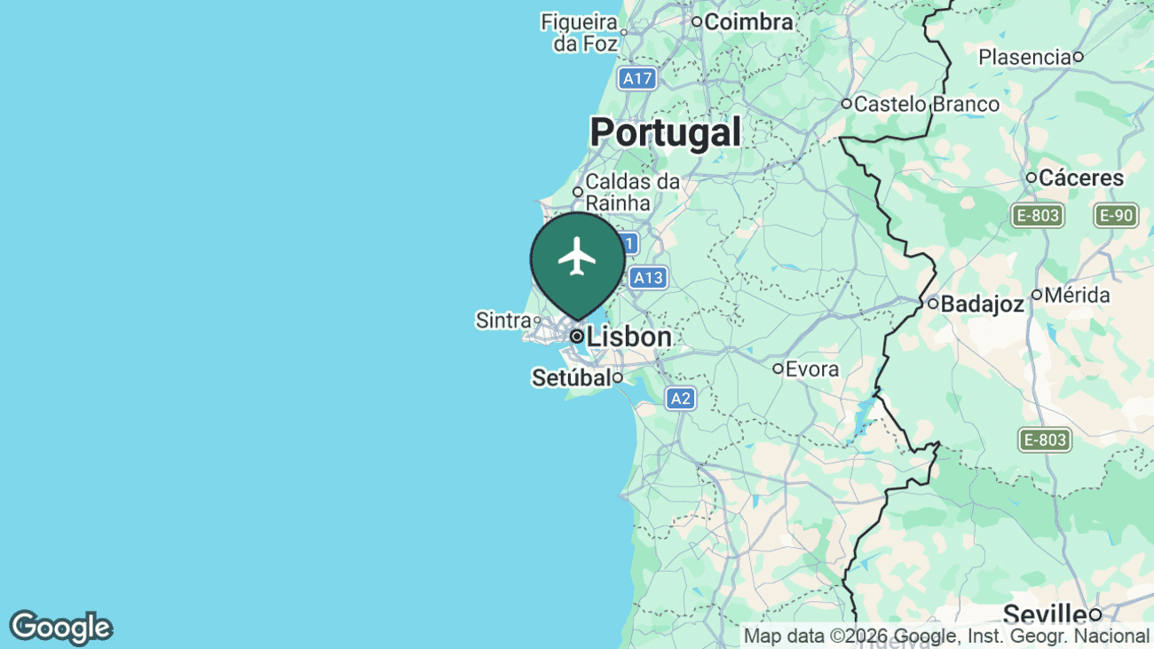 Map showing the location of Lisbon Airport (LIS) in Portugal