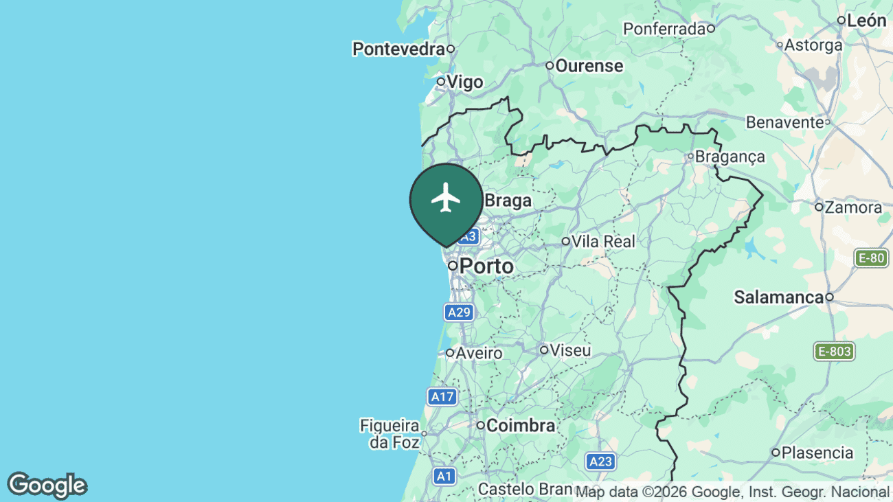 Map showing the location of Porto Airport (OPO) in Portugal