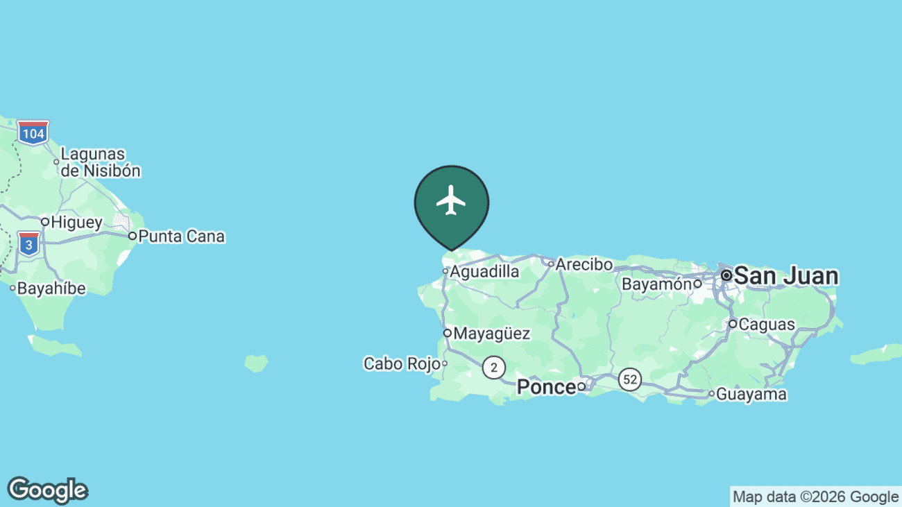 Map showing the location of Rafael Hernández International Airport (BQN) near Aguadilla in north-west Puerto Rico