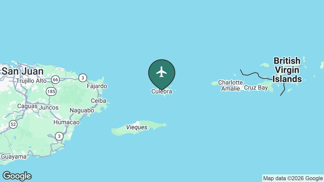 Map showing the location of Benjamín Rivera Noriega Airport (CPX) on the island of Culebra east of Puerto Rico